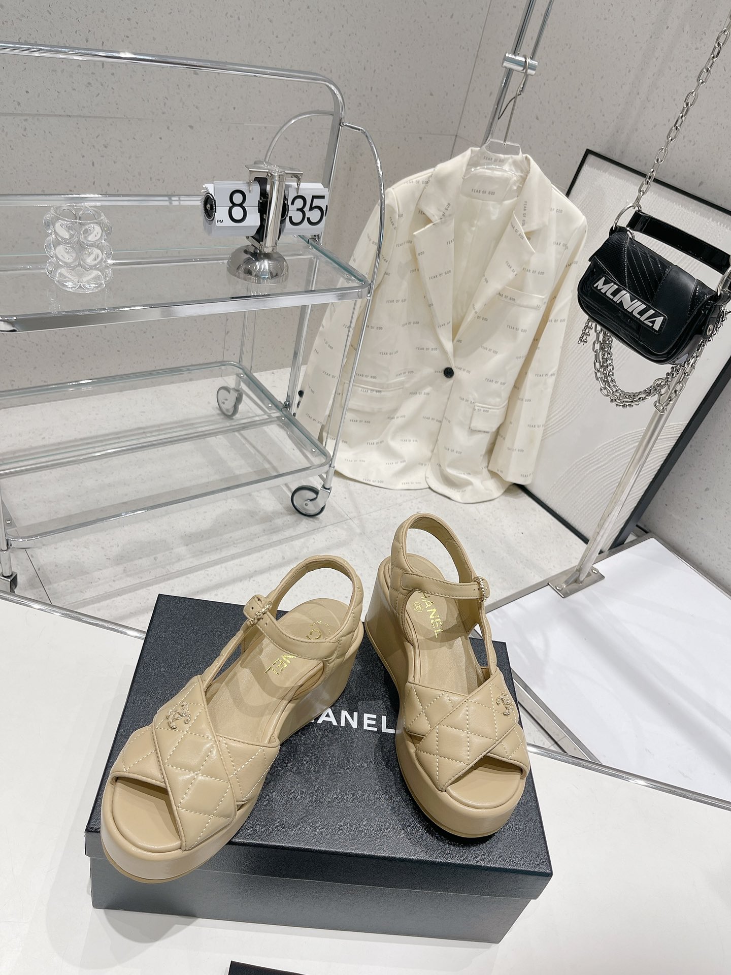 Bagsaaa Ch**el Beige Lambskin Wedge Sandals