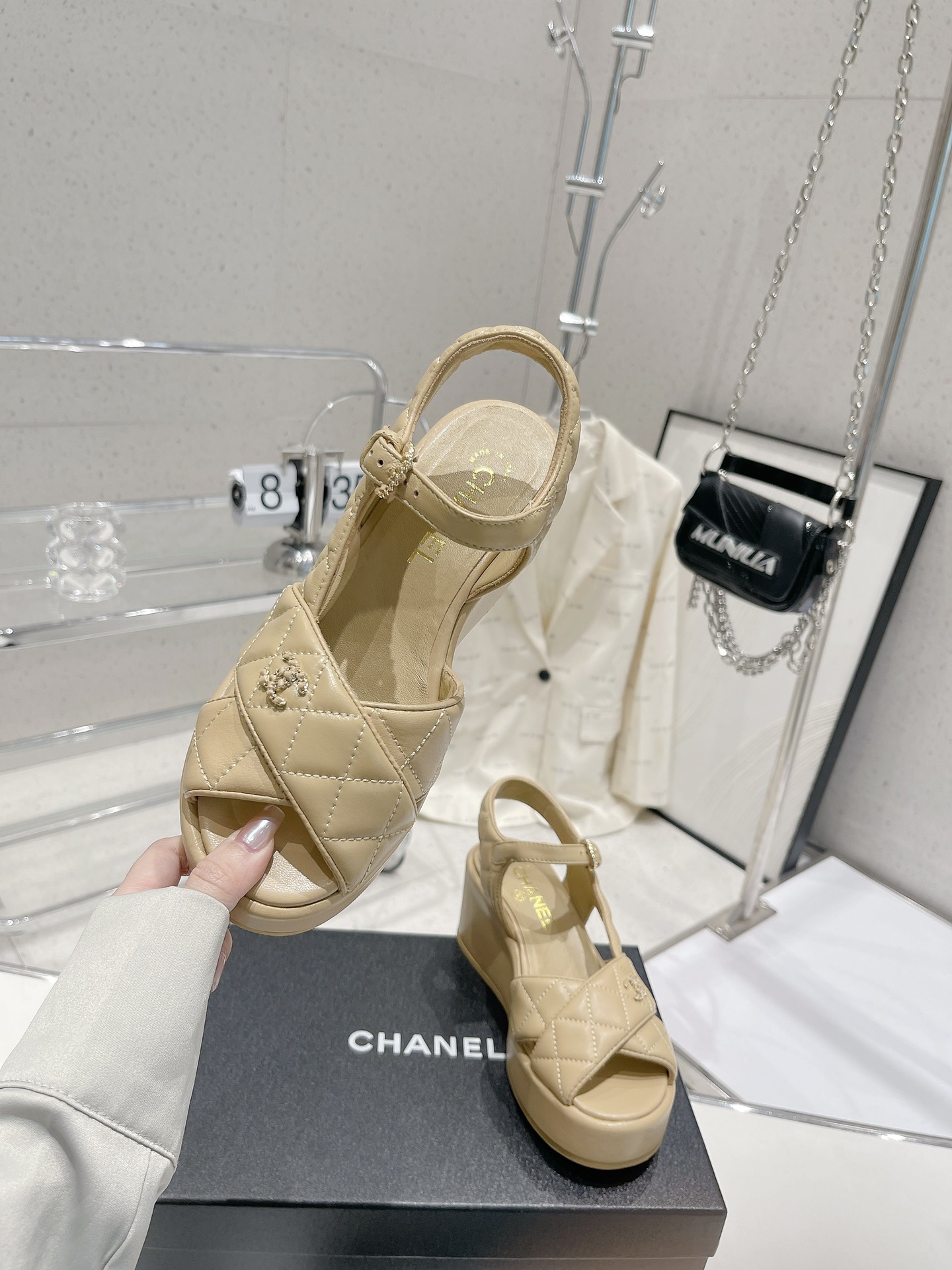 Bagsaaa Ch**el Beige Lambskin Wedge Sandals