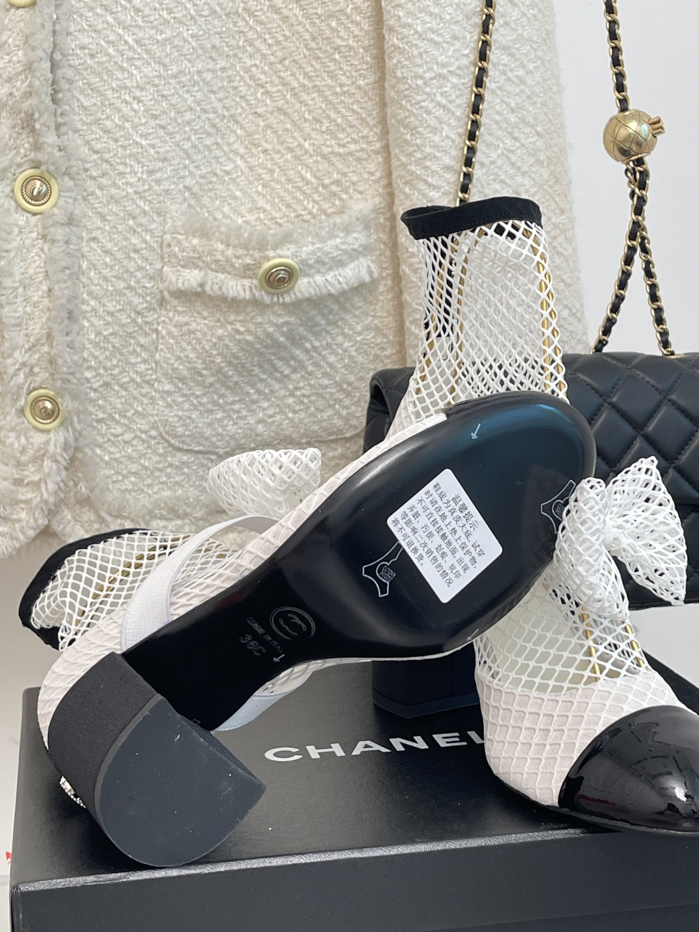 Bagsaaa Ch**el Mary Janes Resille, Kid Suede & Patent Calfskin White & Black High Heels