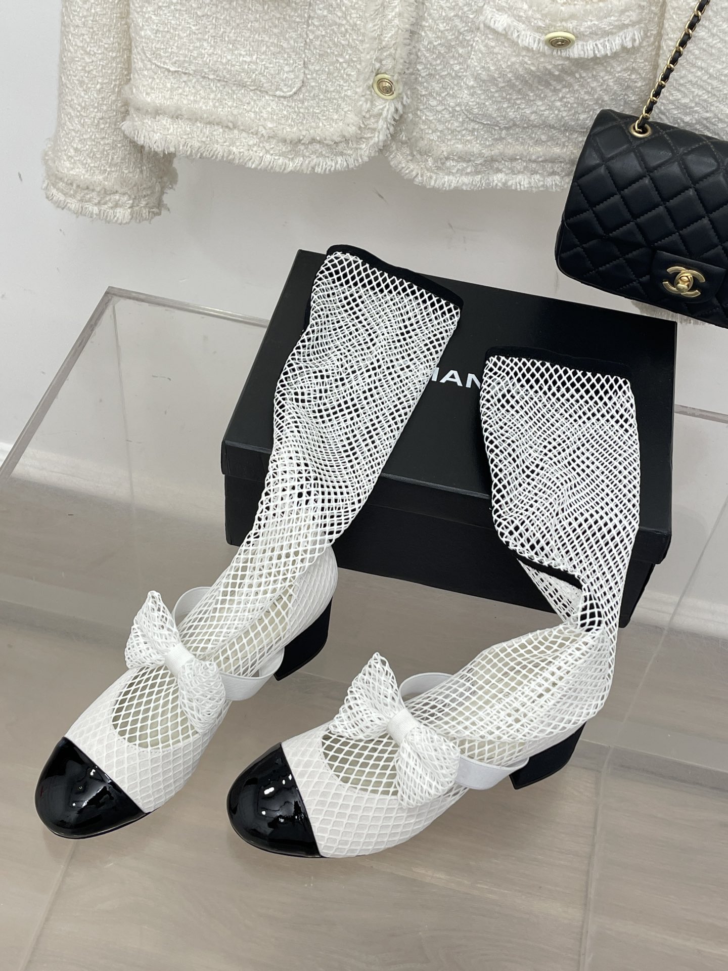 Bagsaaa Ch**el Mary Janes Resille Calfskin Long White
