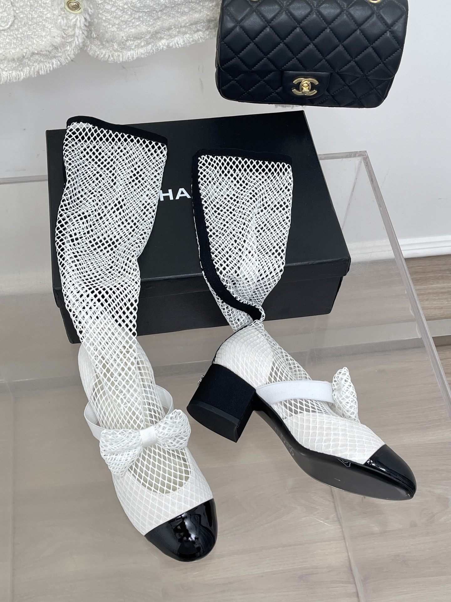 Bagsaaa Ch**el Mary Janes Resille Calfskin Long White