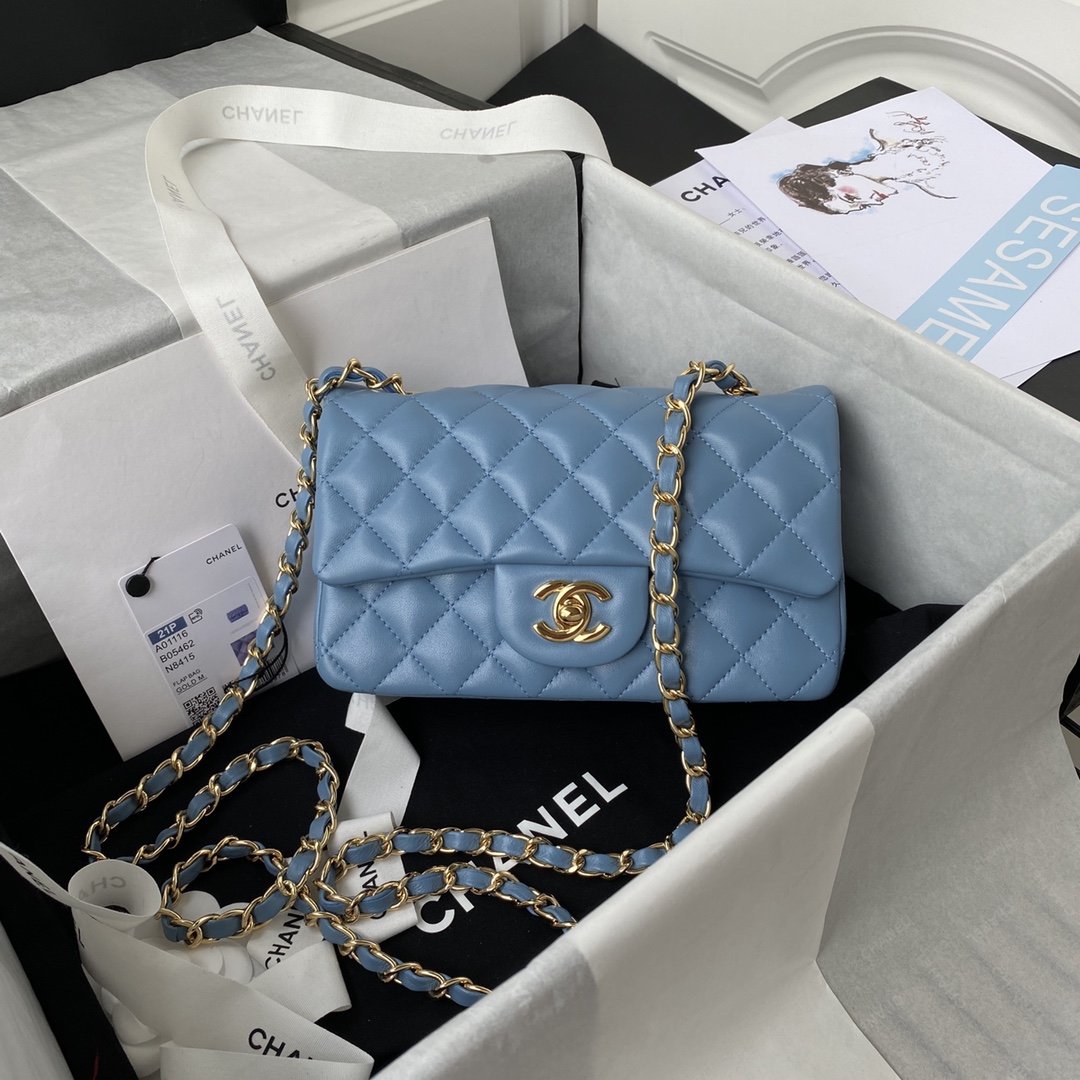 Bagsaaa Ch**el Flap Bag Blue Gold Hardware - 20cm
