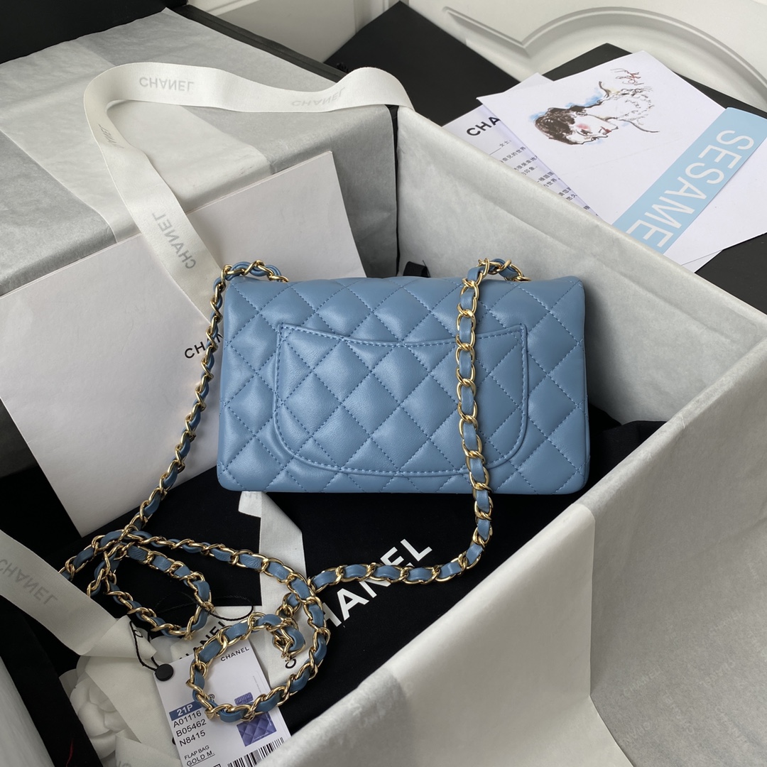 Bagsaaa Ch**el Flap Bag Blue Gold Hardware - 20cm