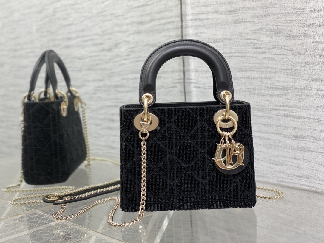 Bagsaaa D10r Lady Mini Black Cannage Cotton with Micropearl Embroidery