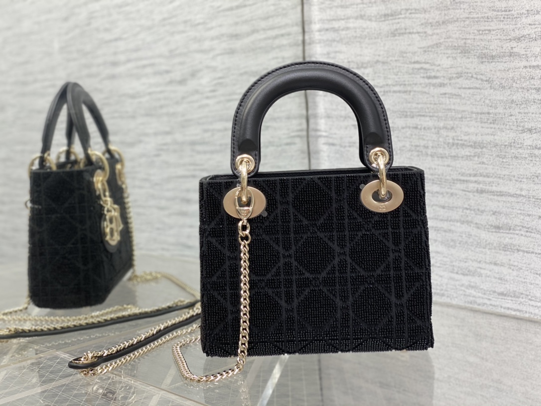 Bagsaaa D10r Lady Mini Black Cannage Cotton with Micropearl Embroidery