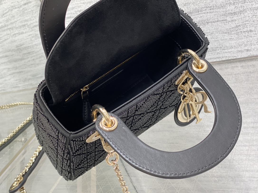 Bagsaaa D10r Lady Mini Black Cannage Cotton with Micropearl Embroidery