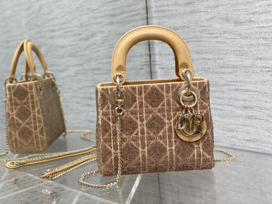 Bagsaaa D10r Lady Mini Gold Cannage Cotton with Micropearl Embroidery