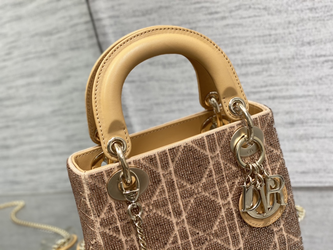 Bagsaaa D10r Lady Mini Gold Cannage Cotton with Micropearl Embroidery