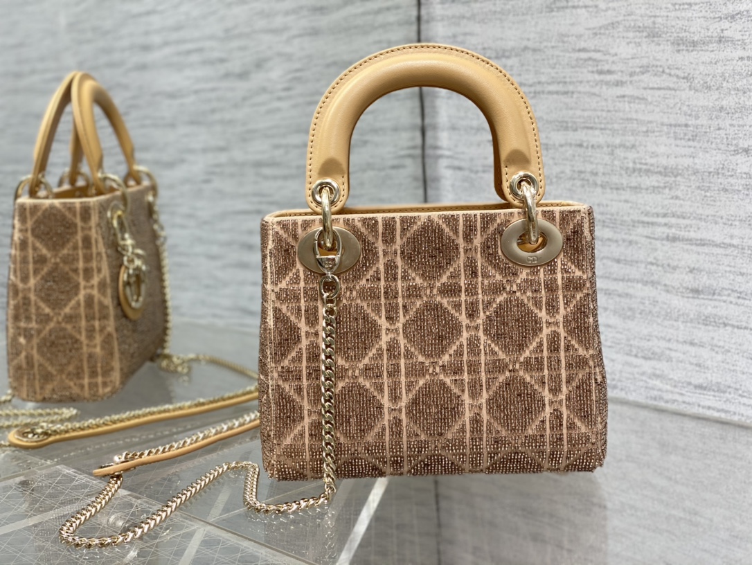 Bagsaaa D10r Lady Mini Gold Cannage Cotton with Micropearl Embroidery