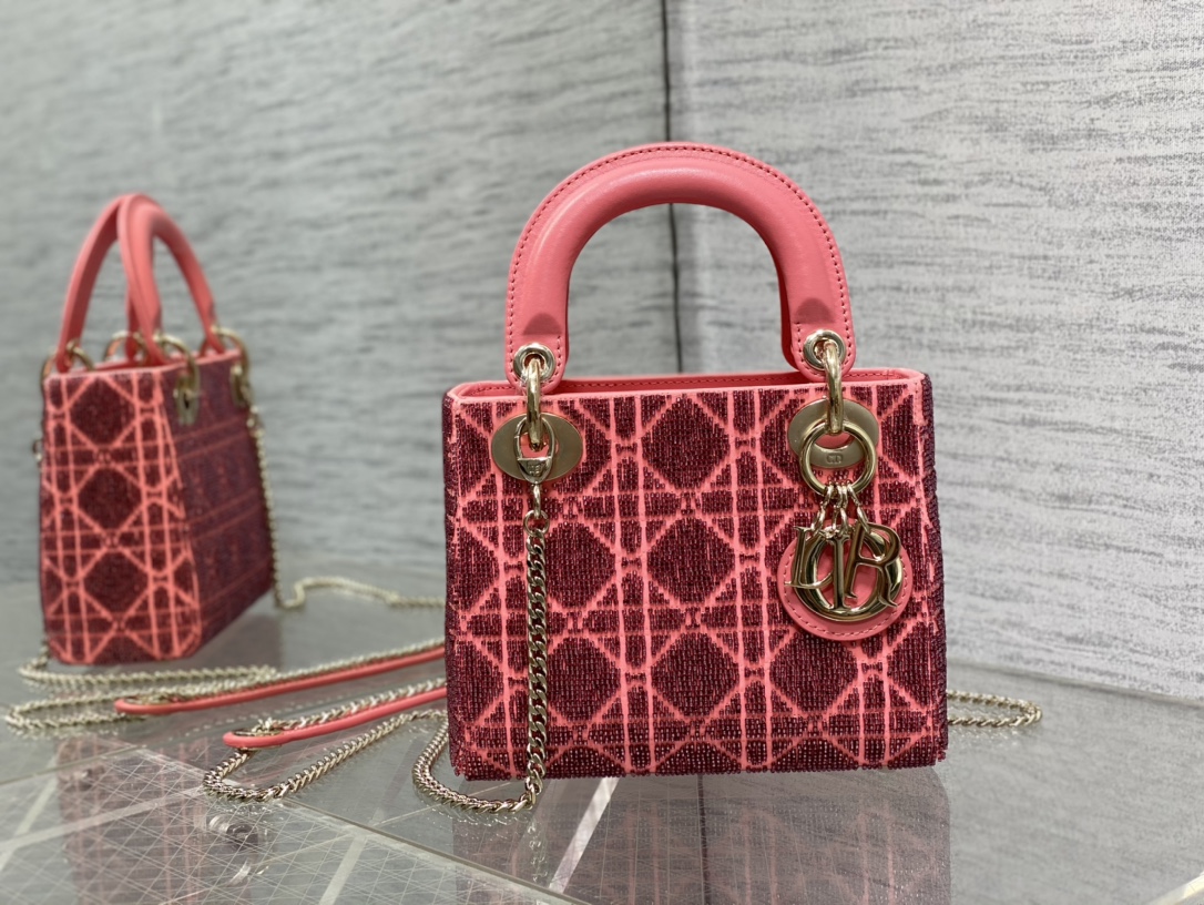 Bagsaaa D10r Lady Mini Pink Cannage Cotton with Micropearl Embroidery