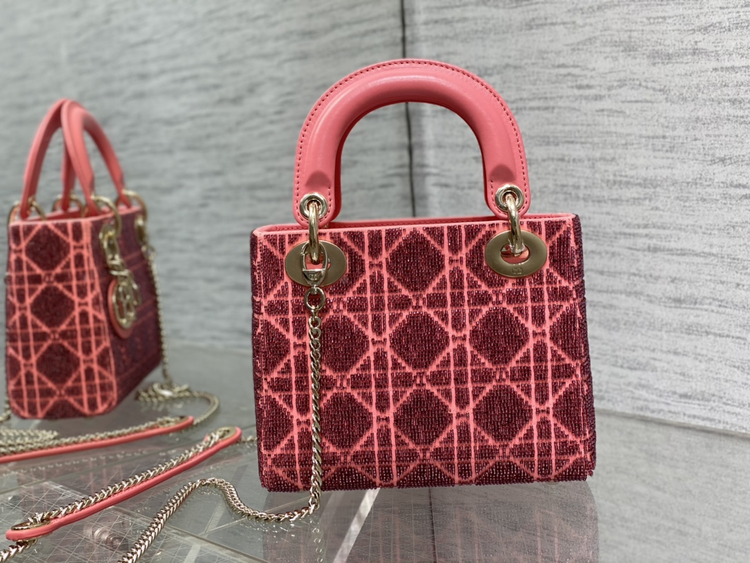 Bagsaaa D10r Lady Mini Pink Cannage Cotton with Micropearl Embroidery