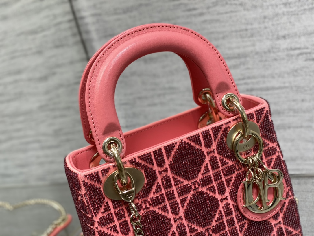 Bagsaaa D10r Lady Mini Pink Cannage Cotton with Micropearl Embroidery