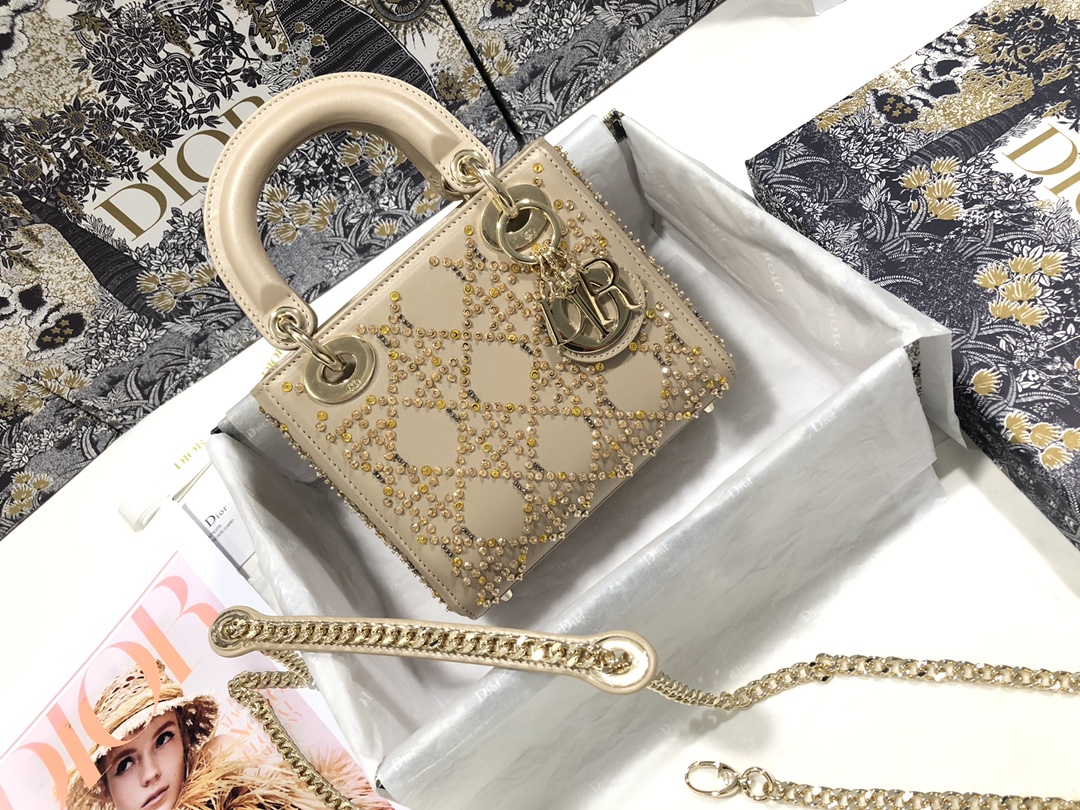 Bagsaaa D10r Lady Mini Beige Leather Crystal 