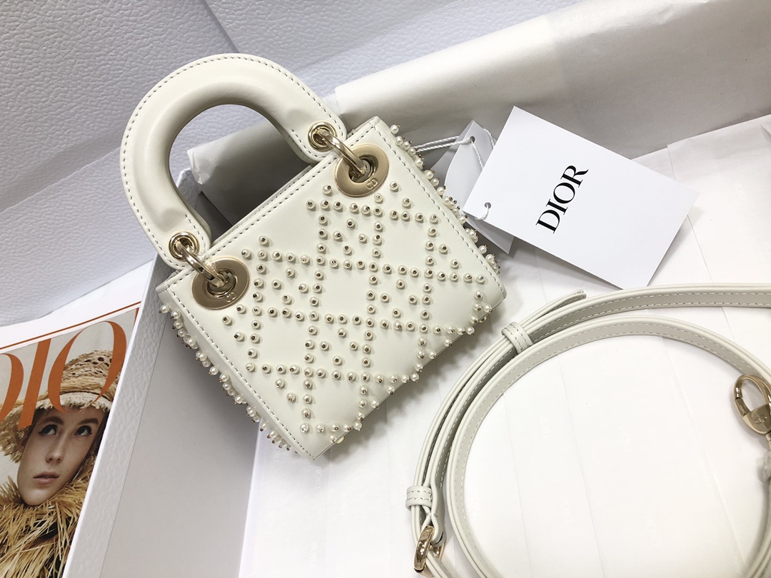 Bagsaaa D10r Lady Mini White Leather Crystal