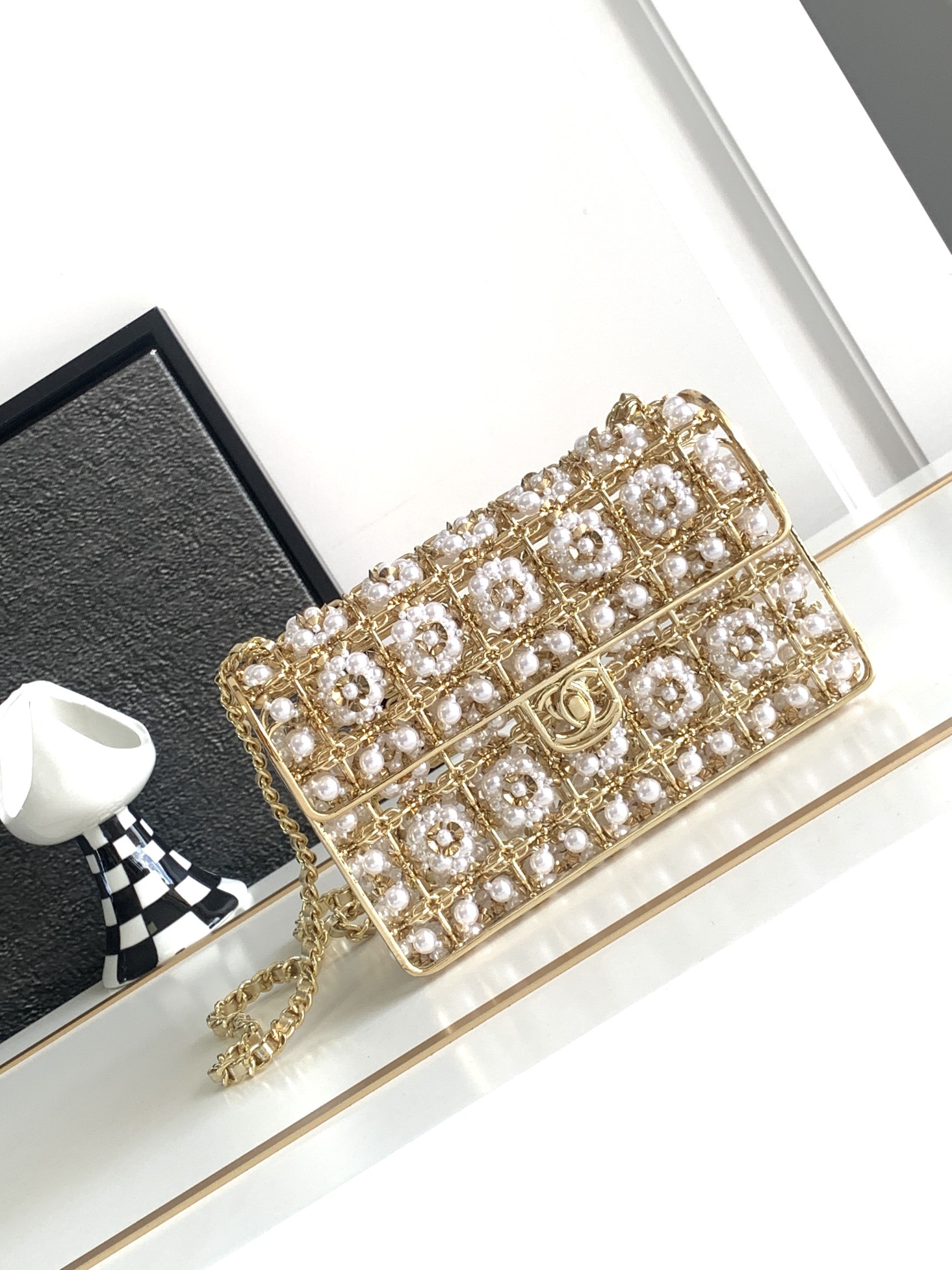 Bagsaaa Ch**el Evening Bag Golden-Tone Metal & Imitation Pearls AS4076 - 17x11X6cm