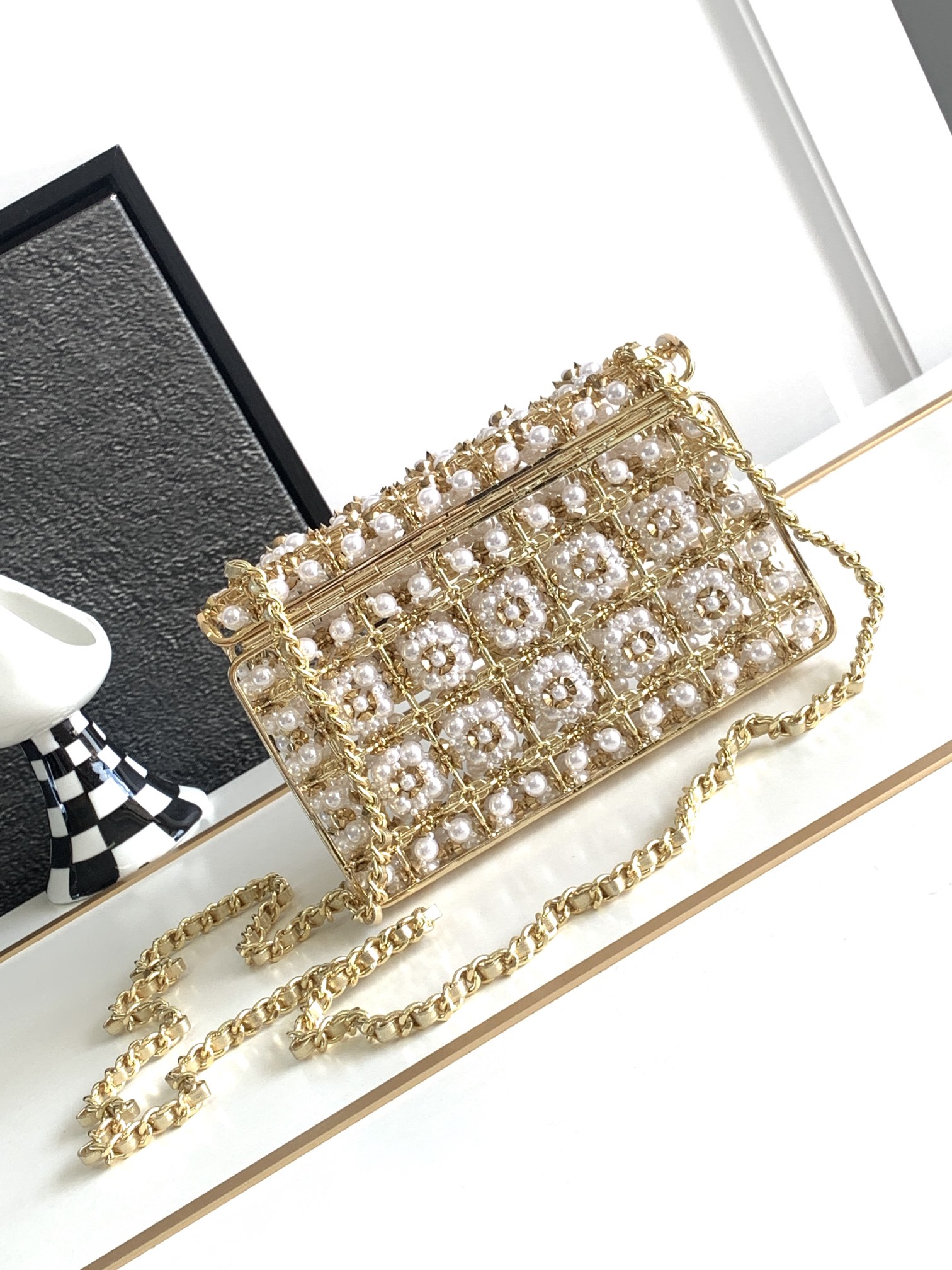 Bagsaaa Ch**el Evening Bag Golden-Tone Metal & Imitation Pearls AS4076 - 17x11X6cm