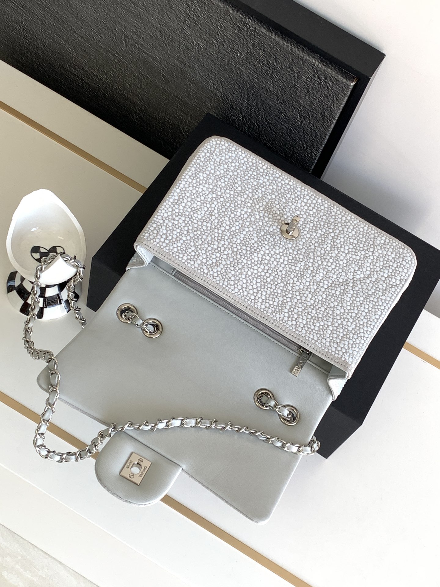 Bagsaaa Ch**el Flap Bag Glitter Crystal Silver Bag
