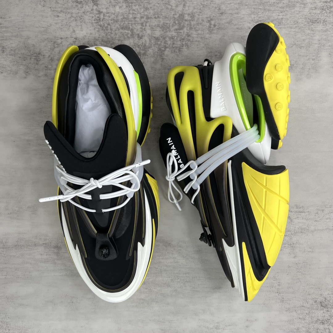 Bagsaaa Balmain Unicorn Low Top trainers in neoprene and leather yellow