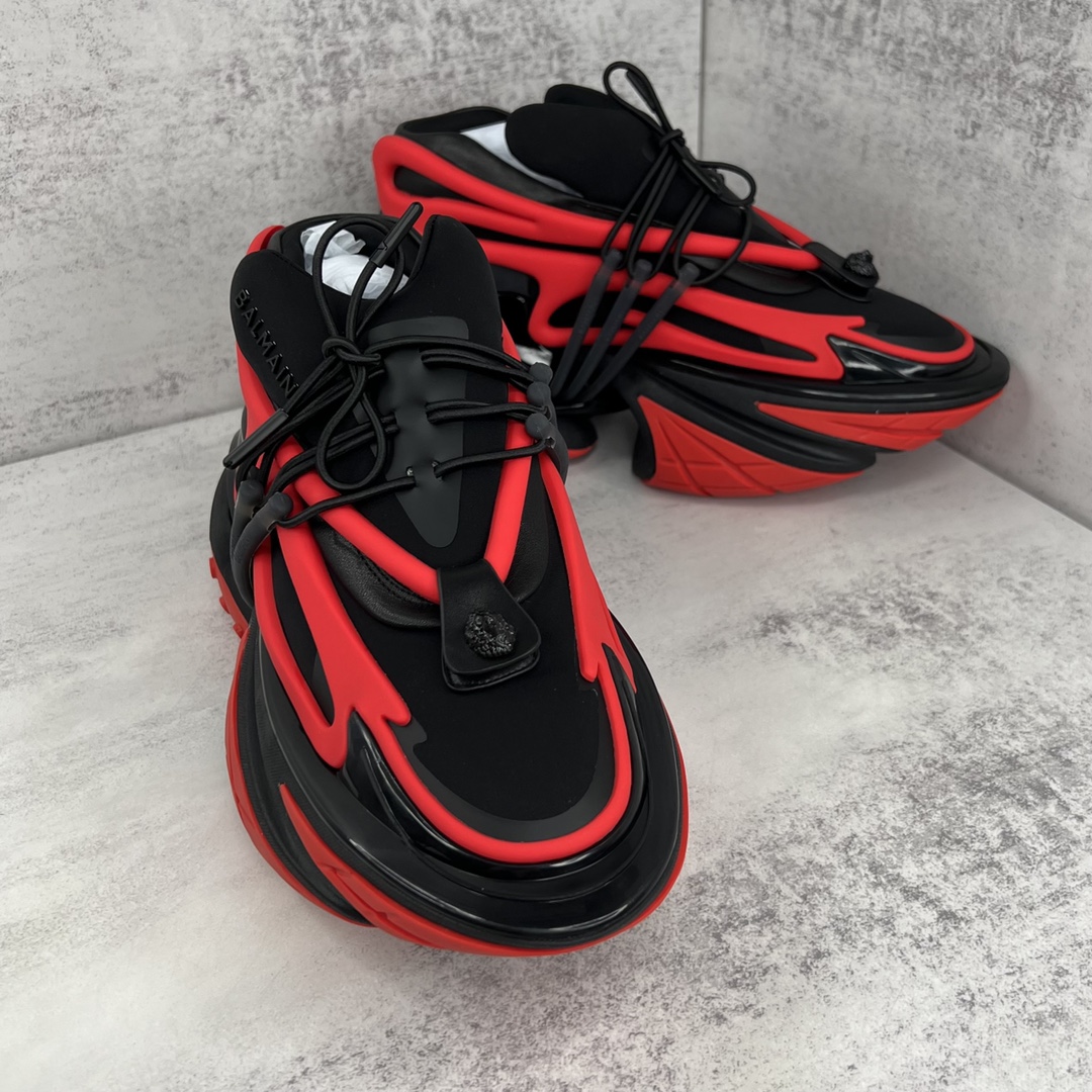 Bagsaaa Balmain Unicorn Low Top trainers in neoprene and leather black and red