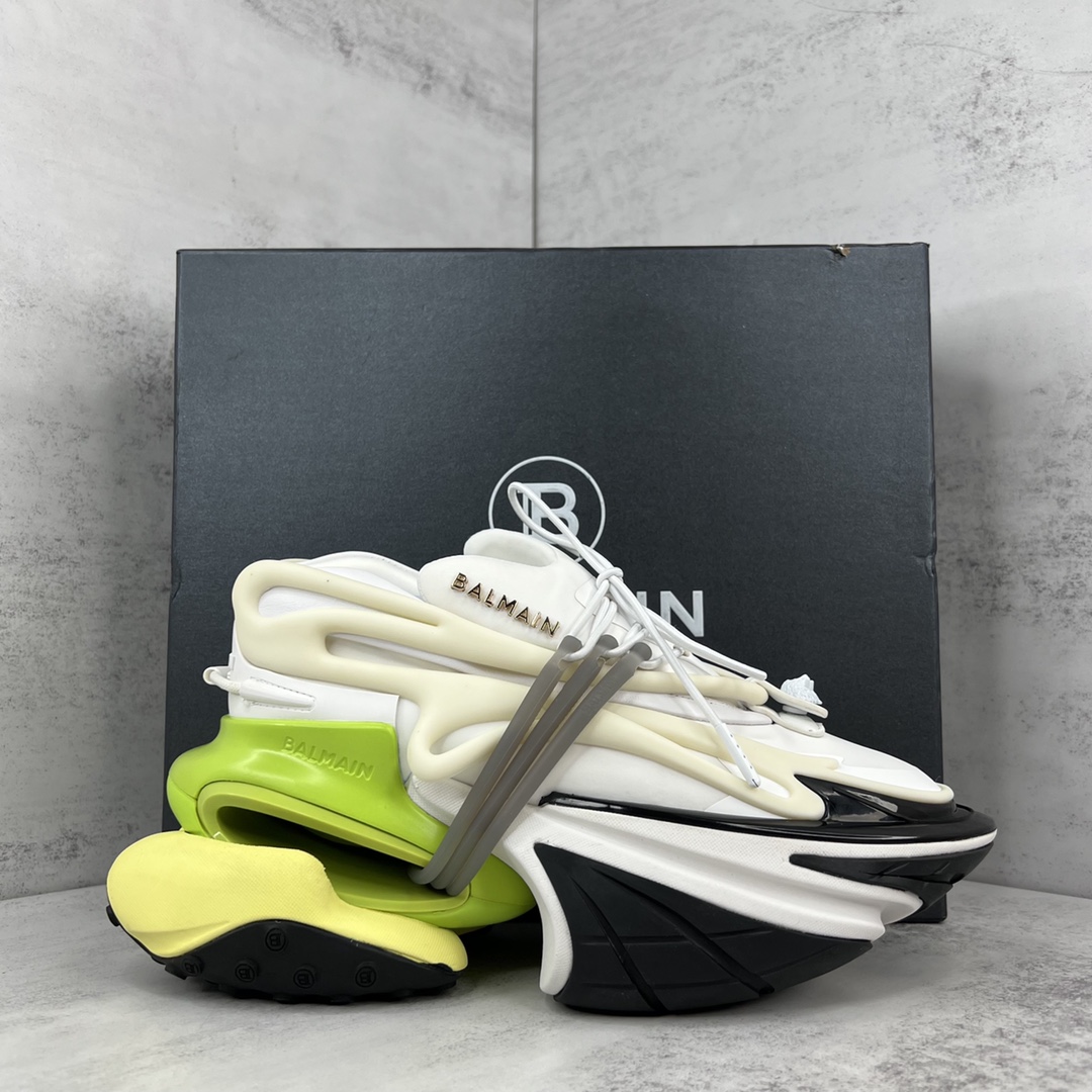 Bagsaaa Balmain Unicorn Low Top trainers in neoprene and leather white and yellow