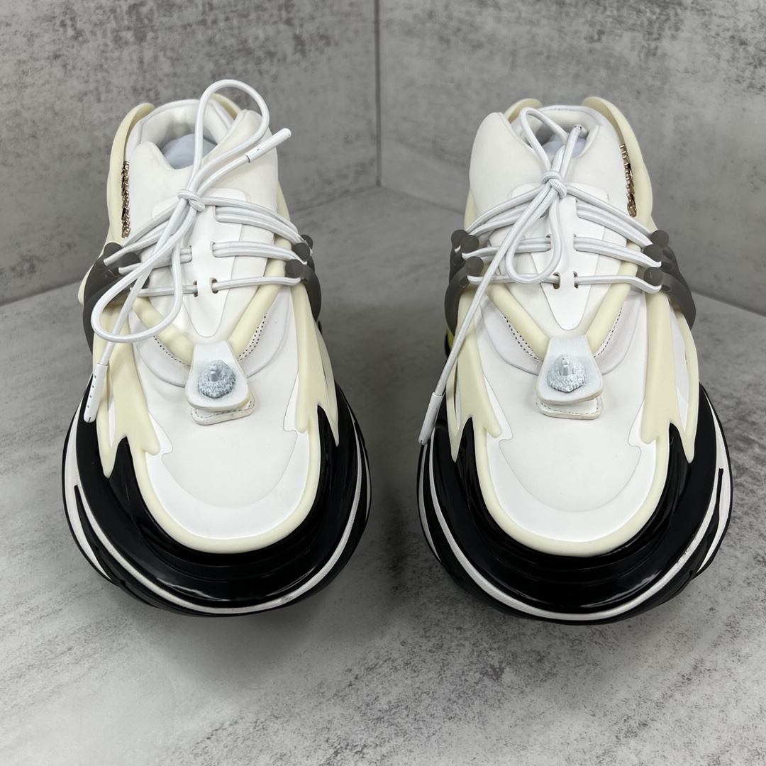 Bagsaaa Balmain Unicorn Low Top trainers in neoprene and leather white and yellow