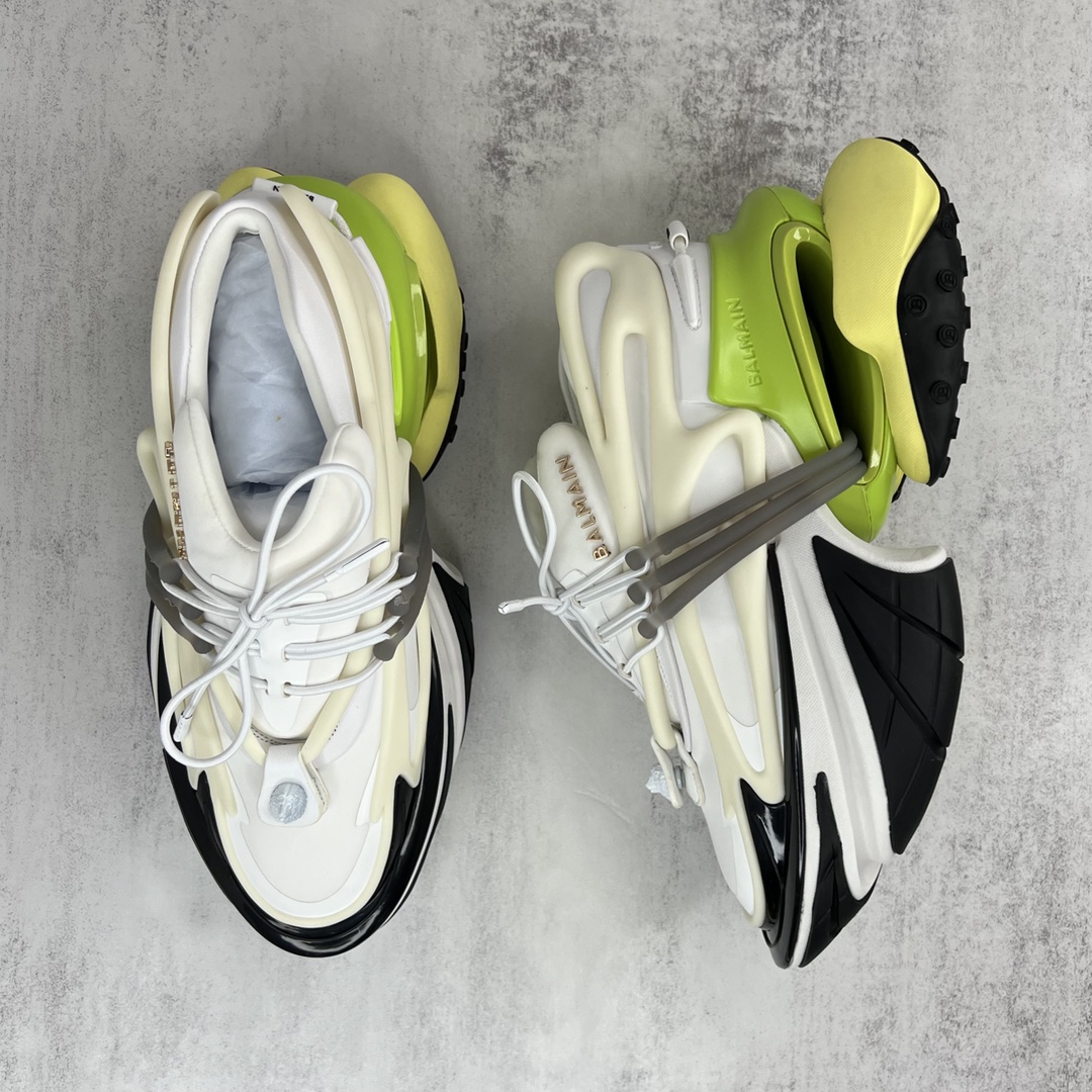 Bagsaaa Balmain Unicorn Low Top trainers in neoprene and leather white and yellow