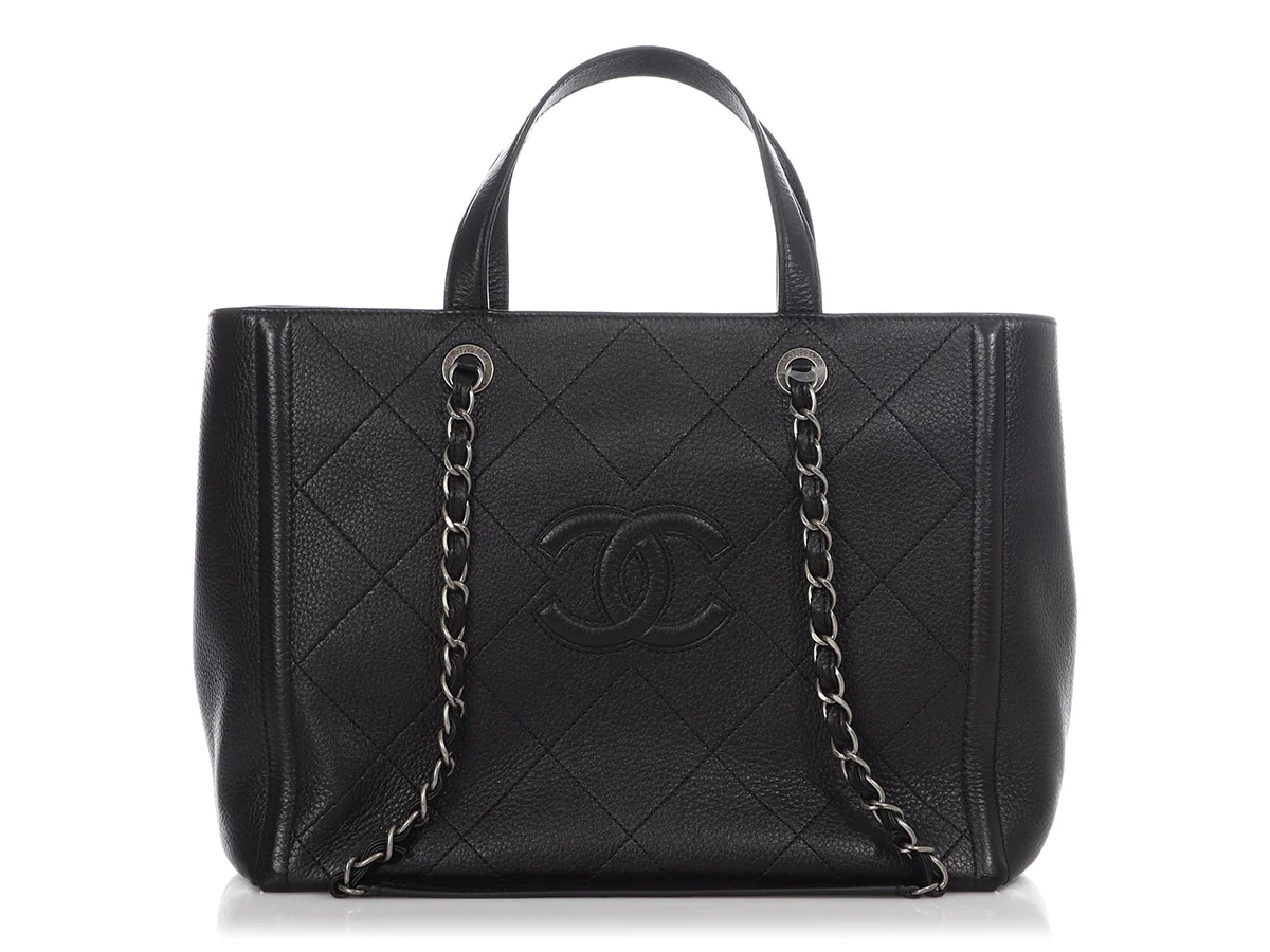 Bagsaaa Ch**el LARGE BLACK PART-QUILTED SOFT CALFSKIN SHOPPING TOTE 