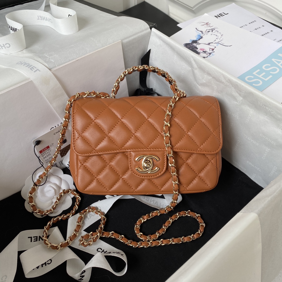 Bagsaaa Ch**el Crystal Top Handle Flap Bag Brown 18cm