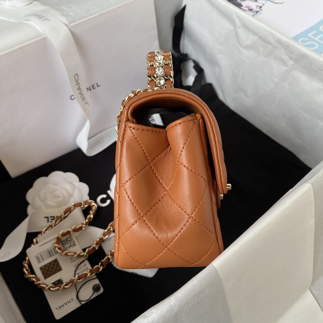 Bagsaaa Ch**el Crystal Top Handle Flap Bag Brown 18cm