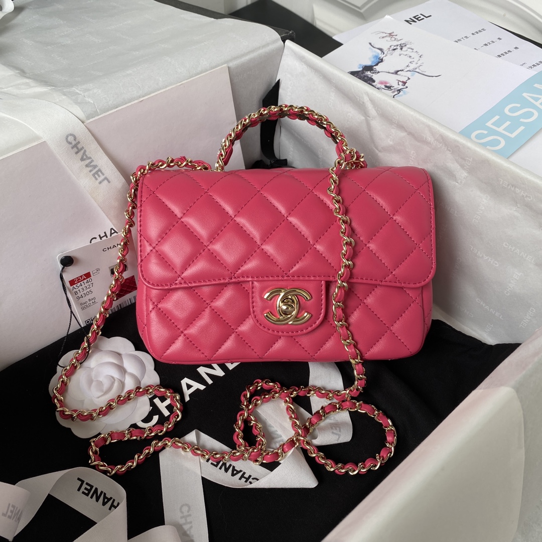 Bagsaaa Ch**el Crystal Top Handle Flap Bag Pink 18cm