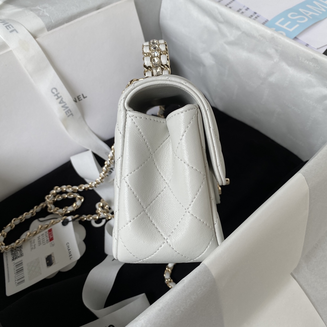 Bagsaaa Ch**el Crystal Top Handle Flap Bag White 18cm