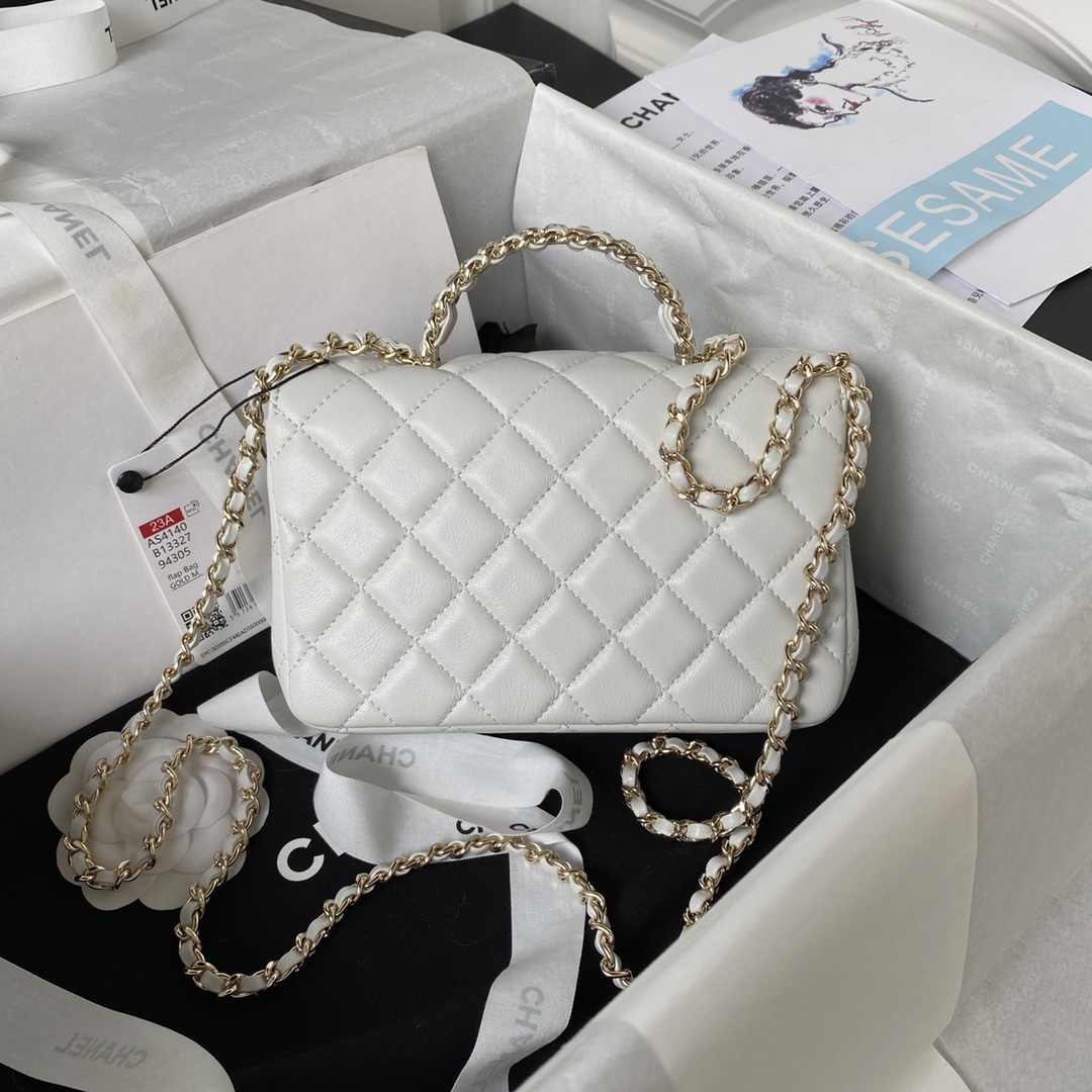 Bagsaaa Ch**el Crystal Top Handle Flap Bag White 18cm