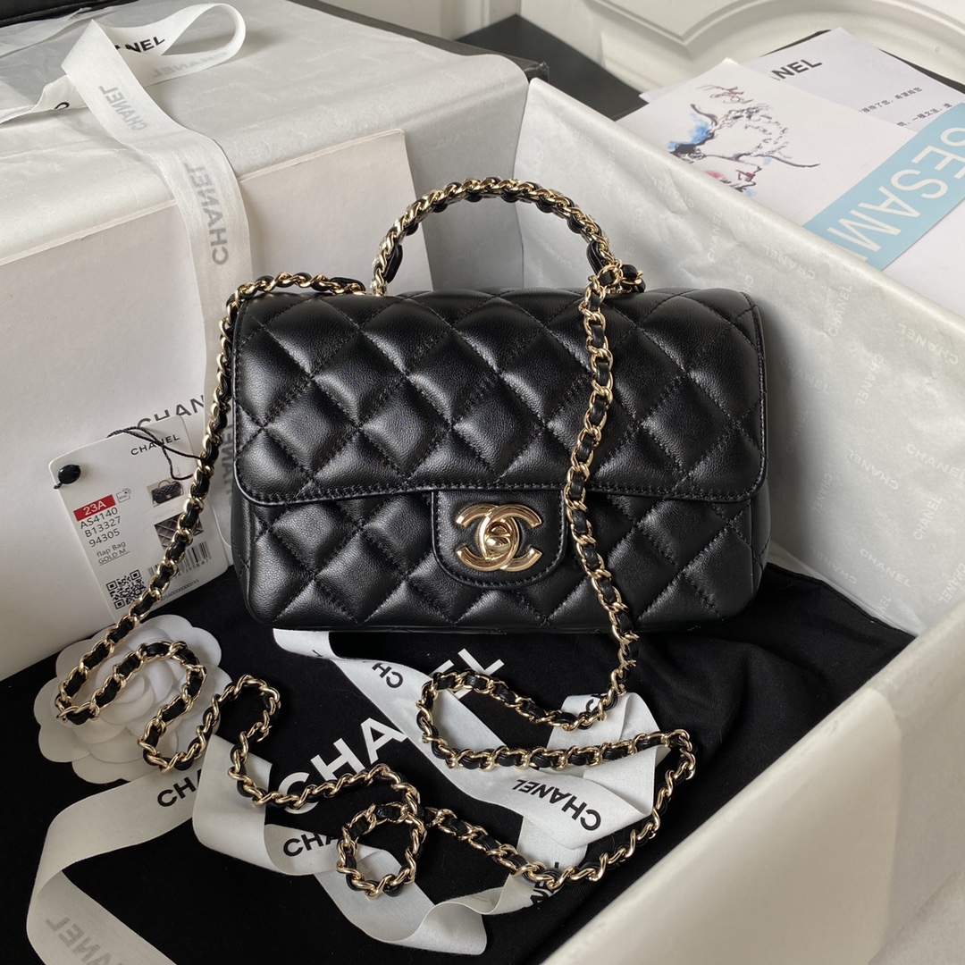Bagsaaa Ch**el Crystal Top Handle Flap Bag Black 18cm