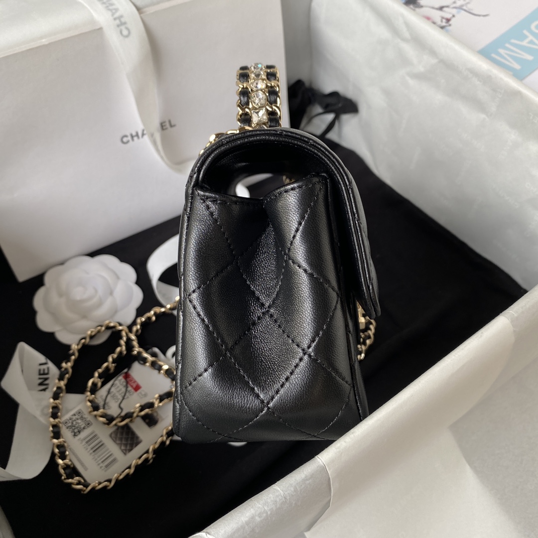 Bagsaaa Ch**el Crystal Top Handle Flap Bag Black 18cm
