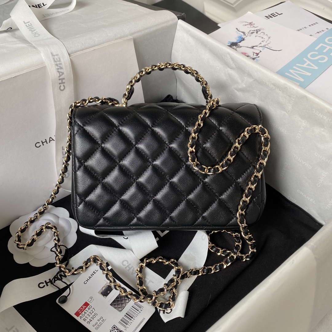 Bagsaaa Ch**el Crystal Top Handle Flap Bag Black 18cm