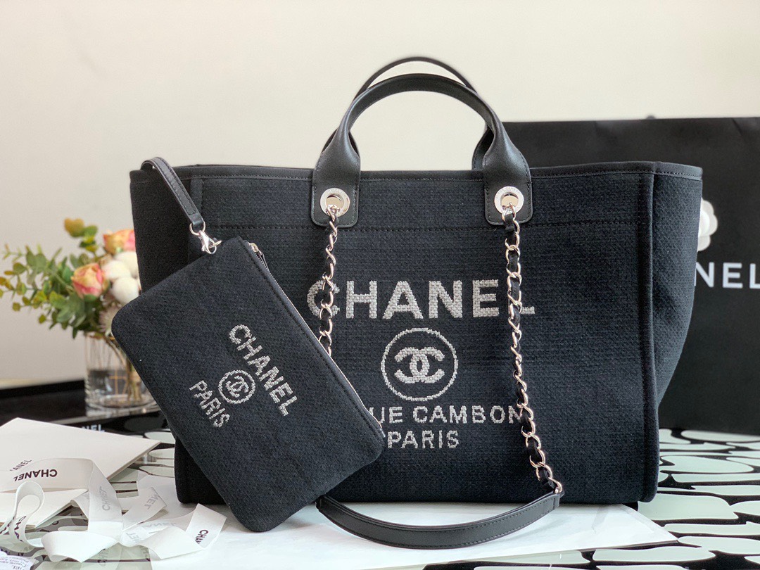 Bagsaaa Ch**el Deauville Shopping Tote Black Canvas 44cm