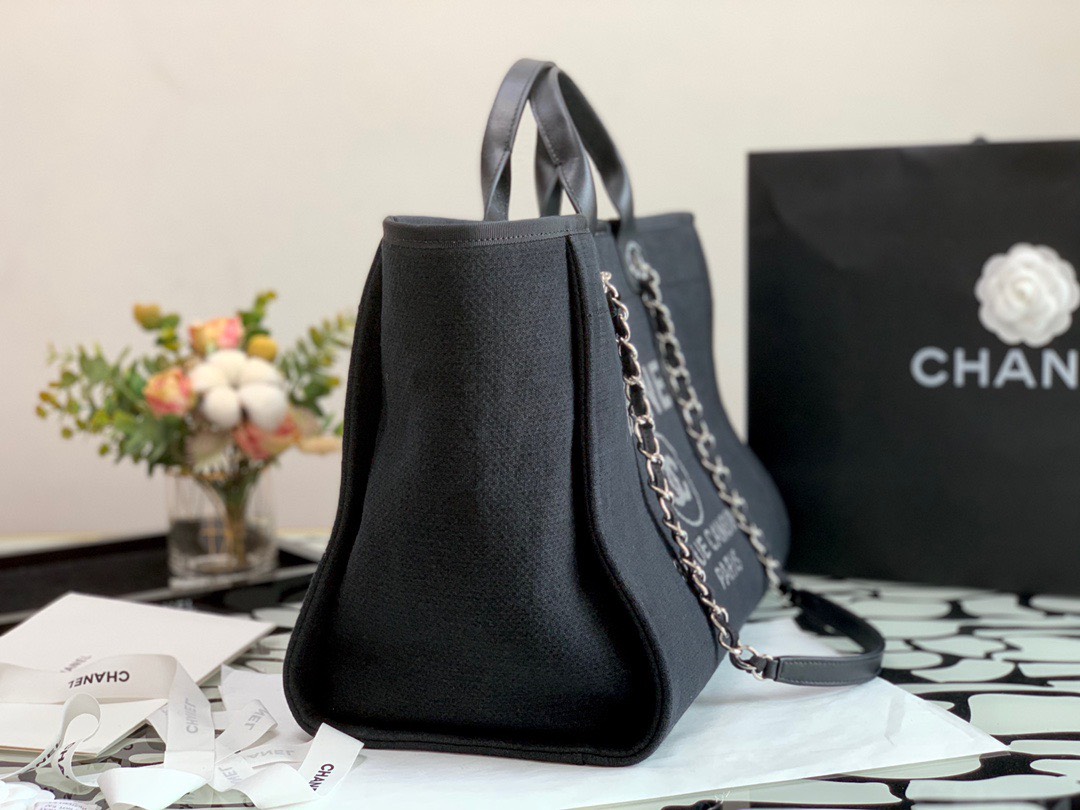 Bagsaaa Ch**el Deauville Shopping Tote Black Canvas 44cm