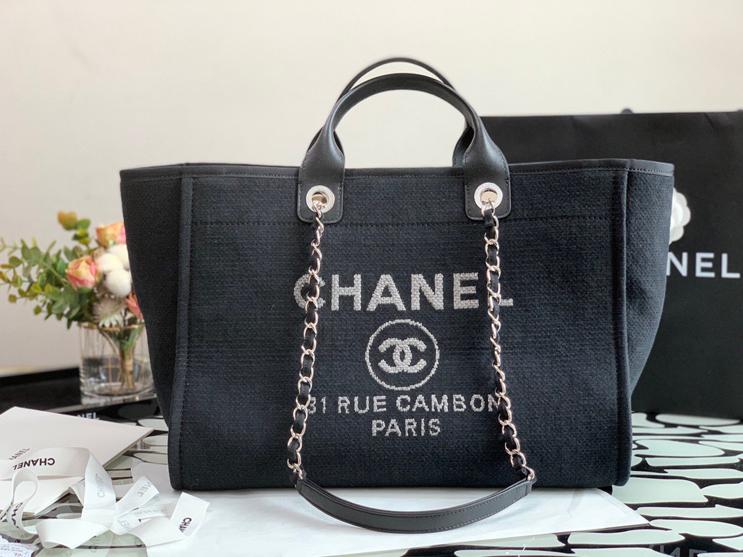 Bagsaaa Ch**el Deauville Shopping Tote Black Canvas 44cm