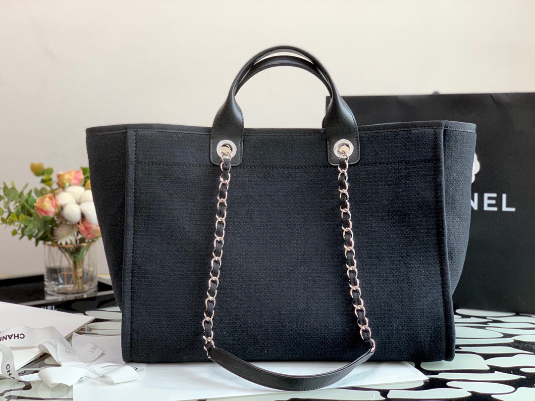 Bagsaaa Ch**el Deauville Shopping Tote Black Canvas 44cm