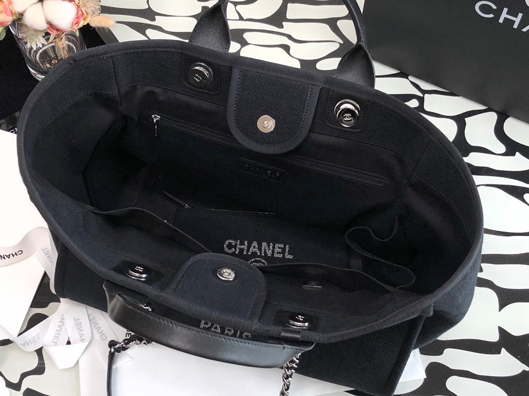 Bagsaaa Ch**el Deauville Shopping Tote Black Canvas 44cm