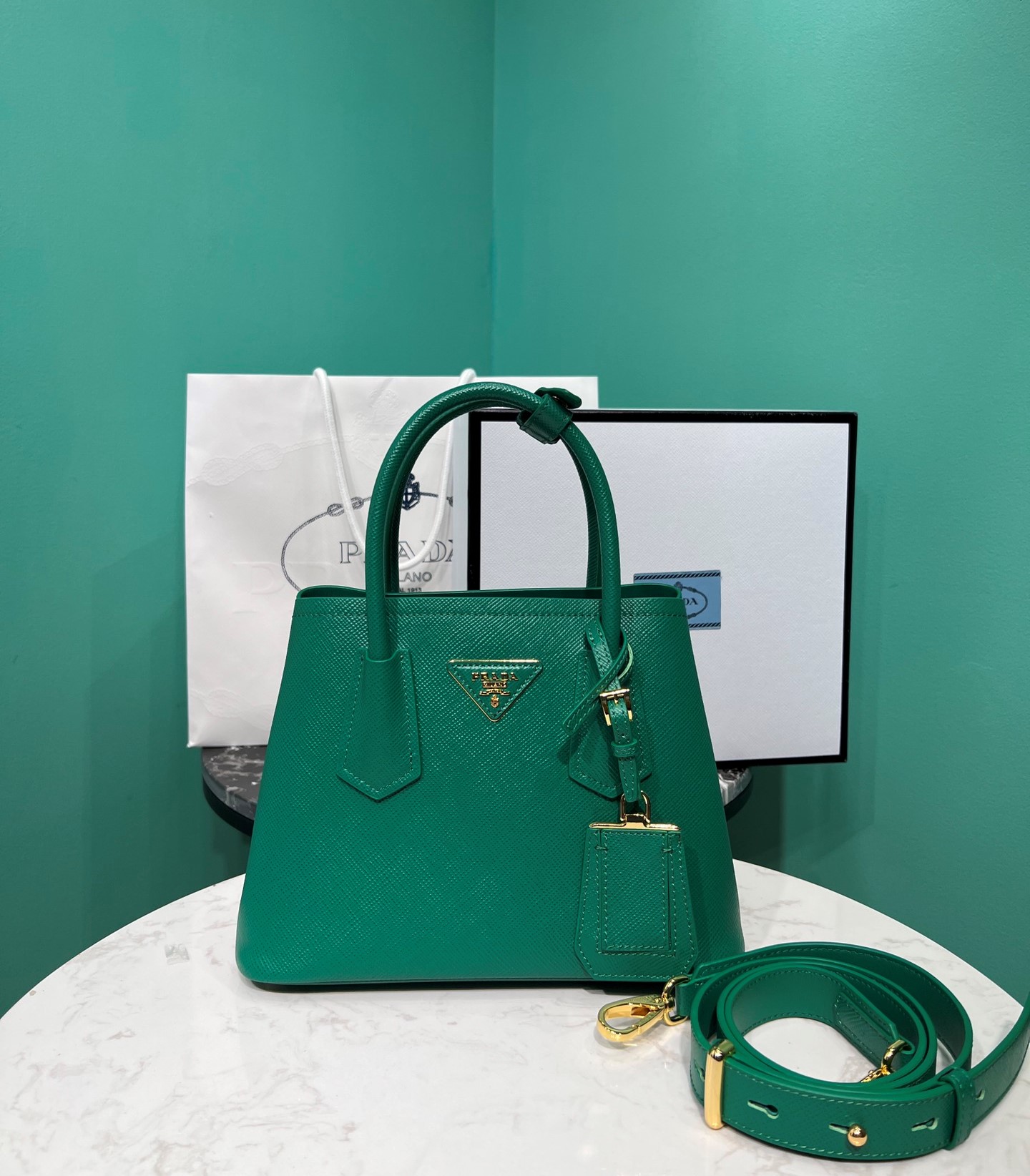 Bagsaaa Pra*a Double Saffiano leather green mini bag 
