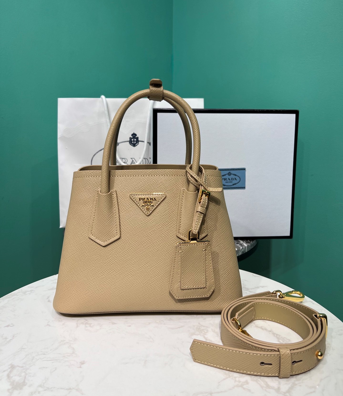 Bagsaaa Pra*a Double Saffiano leather beige mini bag