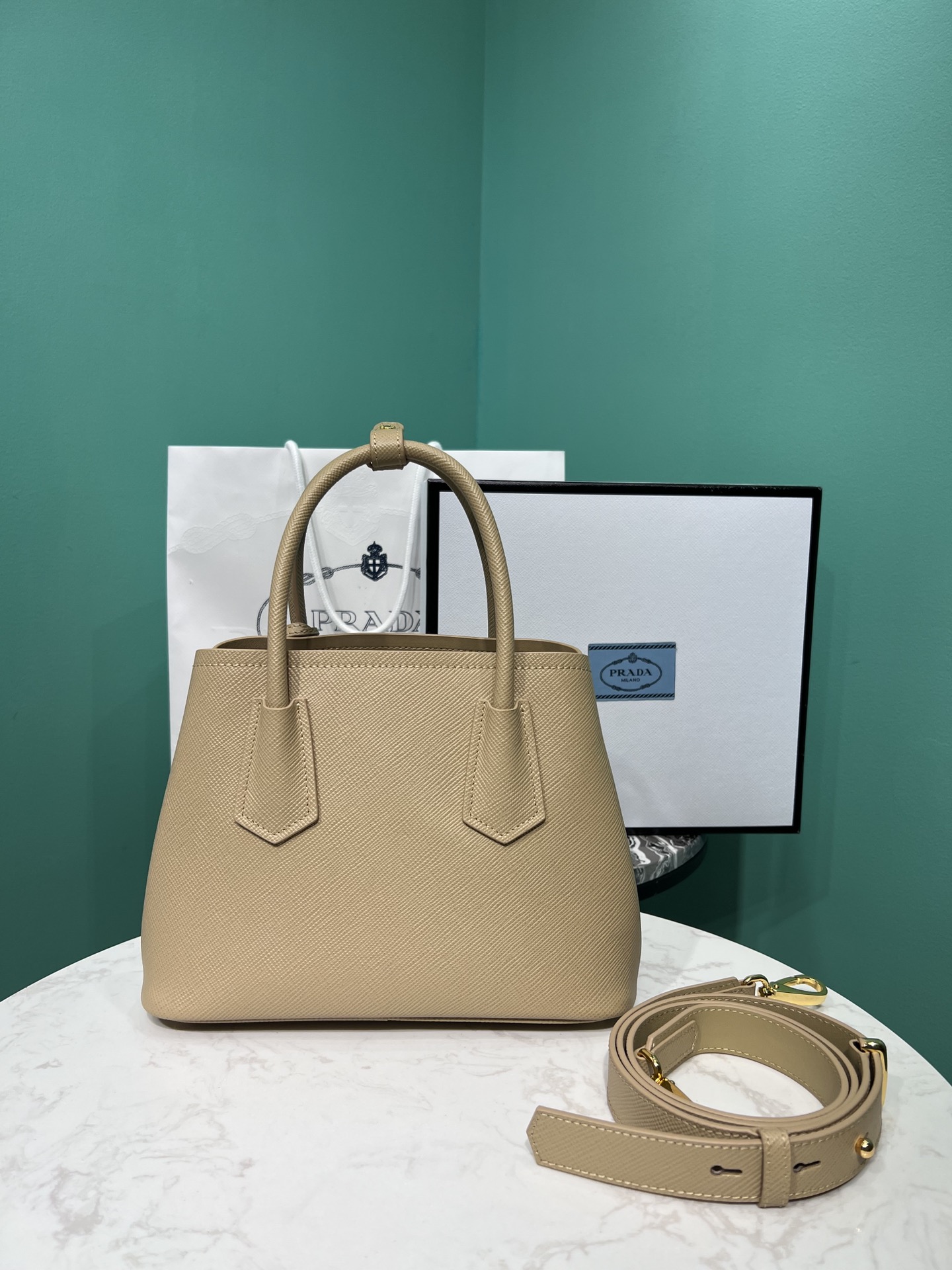 Bagsaaa Pra*a Double Saffiano leather beige mini bag