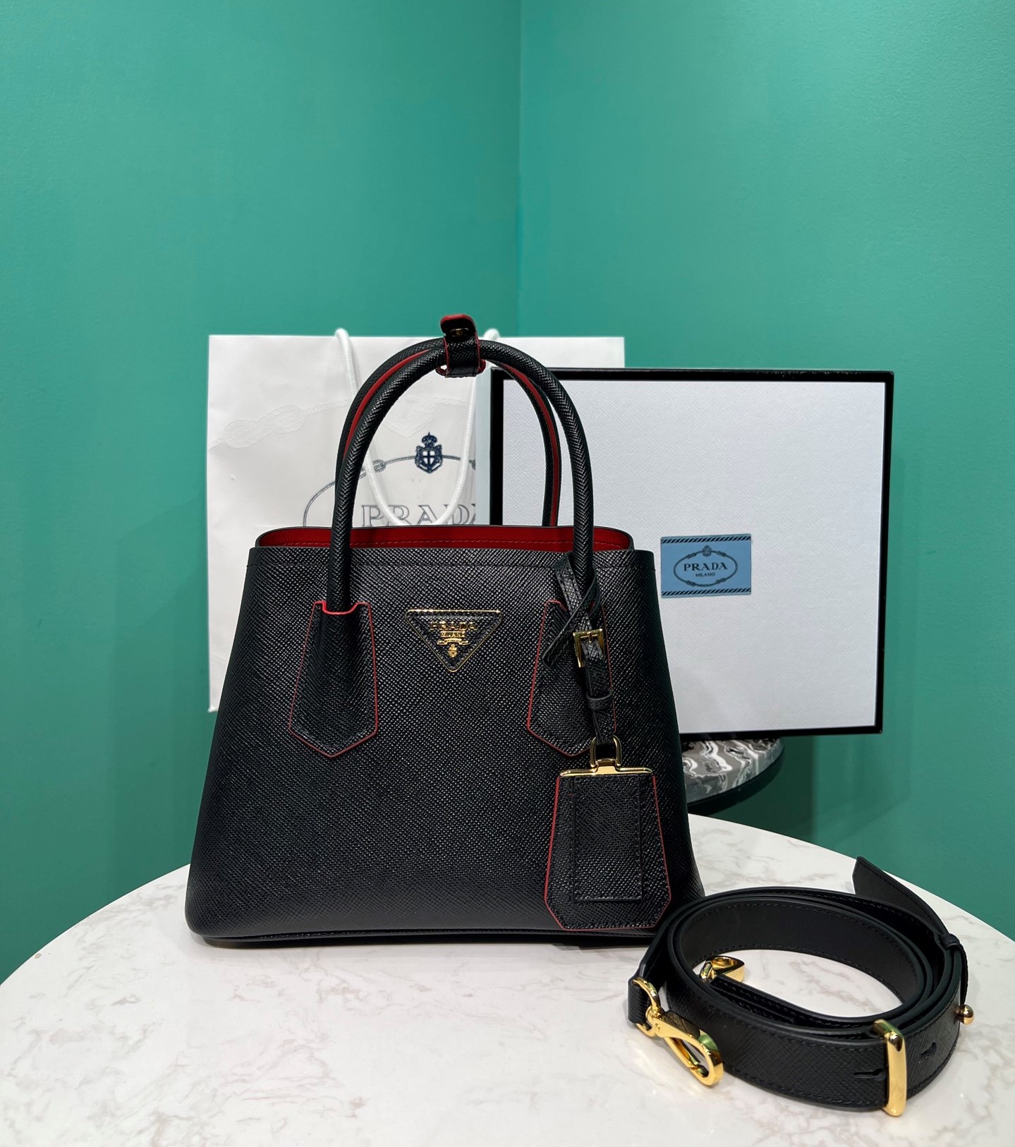 Bagsaaa Pra*a Double Saffiano leather black mini bag