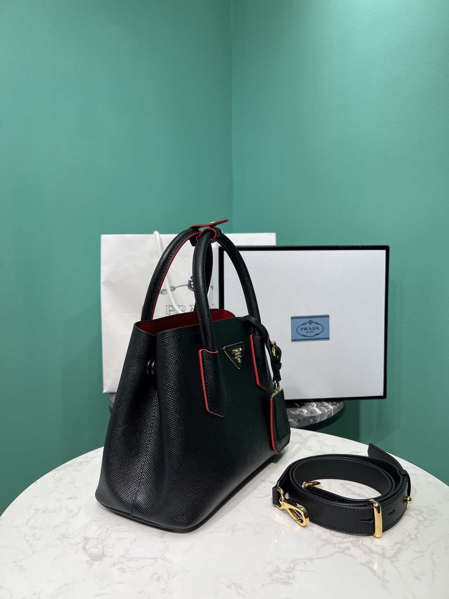 Bagsaaa Pra*a Double Saffiano leather black mini bag