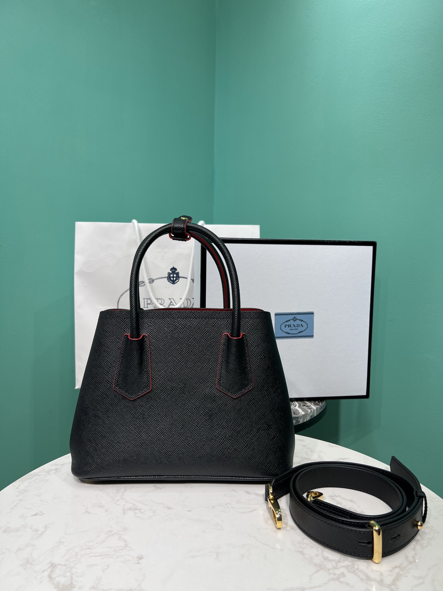 Bagsaaa Pra*a Double Saffiano leather black mini bag