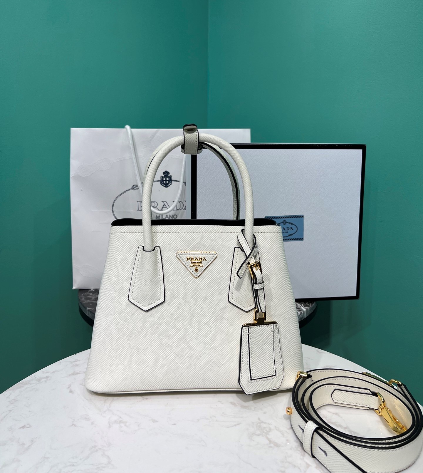 Bagsaaa Pra*a Double Saffiano leather white mini bag