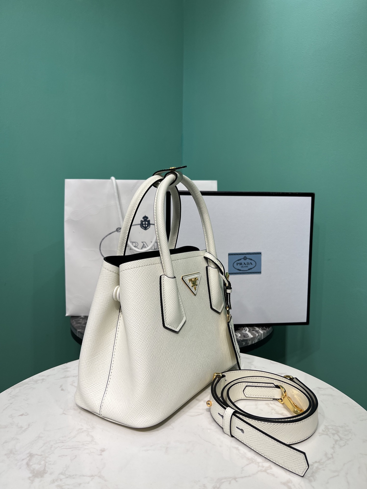 Bagsaaa Pra*a Double Saffiano leather white mini bag