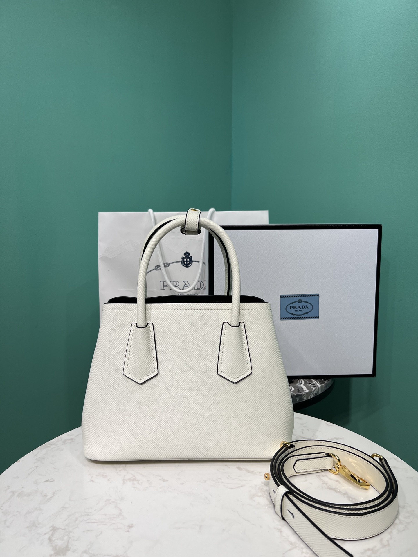 Bagsaaa Pra*a Double Saffiano leather white mini bag