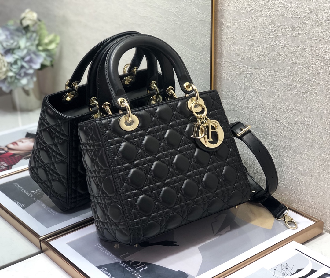 Bagsaaa Medium Lady D10r Bag Black Cannage Lambskin - 24cm